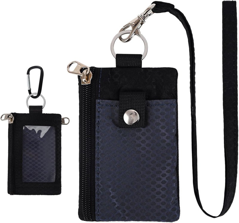 MASAPHIL MASAPHlL Small Lanyard Wallet for Women/Men with RFID Blocking ID Badge Holder, Minimalist Nylon Zipper Pouch, Travel Neck Wallet with Keychain, ID Window for Card,Coin,Cash (Dark Blue+Black) - Image 1